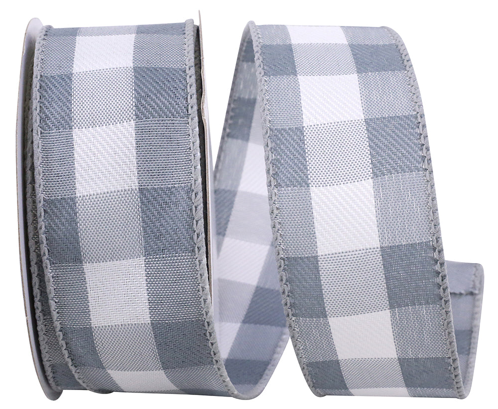 Grey Celine Check Plaid Twill Wired Edge Ribbon 1-1/2 Inch