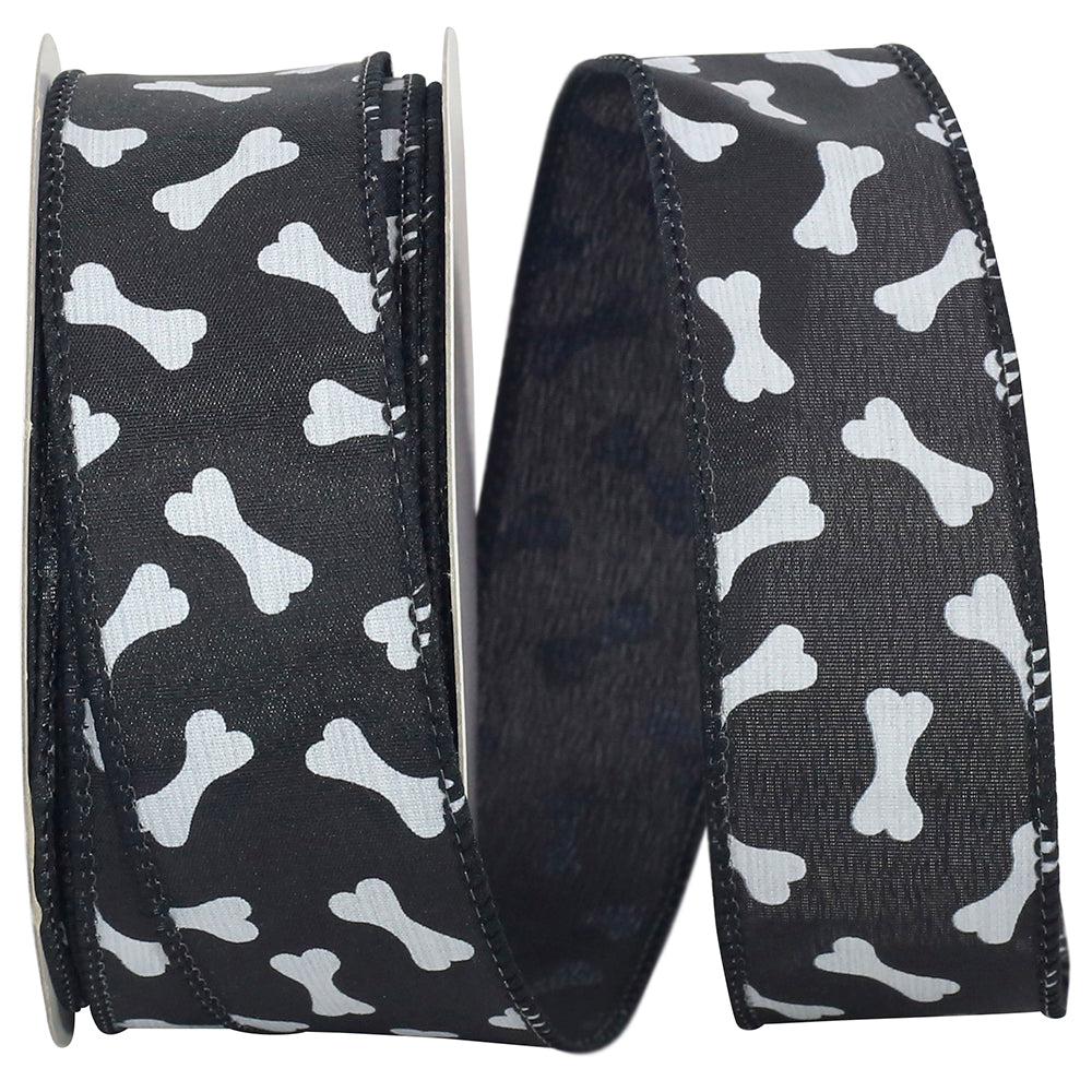 Black White 1-1 2 Inch Dog Bones Tossed Wired Edge Ribbon for Wreaths & Bows
