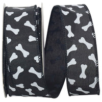 Black White 1-1 2 Inch Dog Bones Tossed Wired Edge Ribbon for Wreaths & Bows