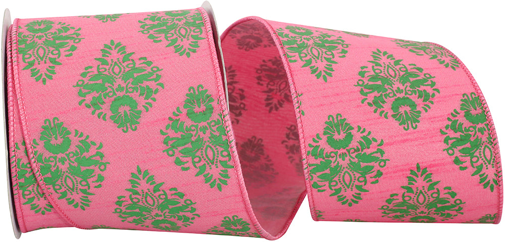 Pink Lime 4 Inch Dupioni Florentine Wired Edge Ribbon for Wreaths & Bows