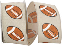Football Glitter Linen Wired Edge Ribbon Natural 2-1/2 Inch