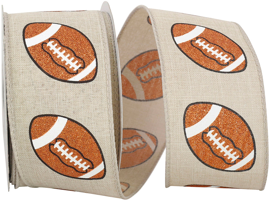 Football Glitter Linen Wired Edge Ribbon Natural 2-1/2 Inch