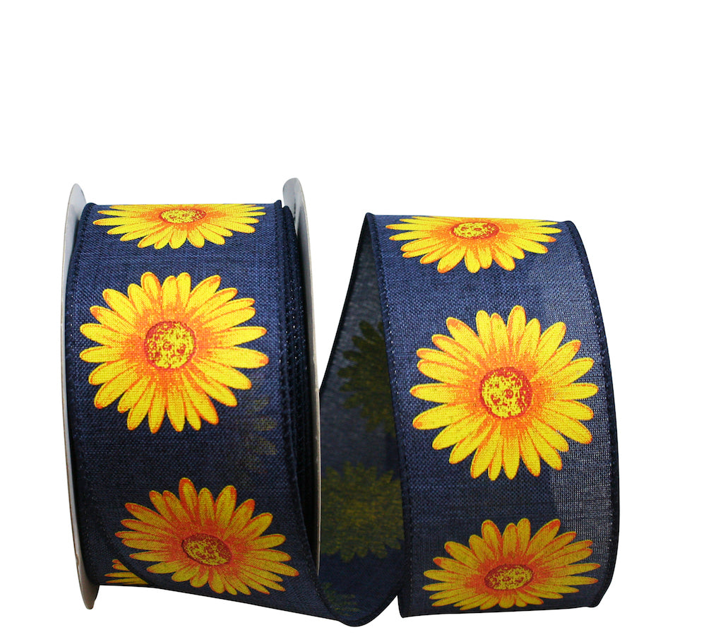 Gerbera Daisy Wired Edge Ribbon Denim Yellow 2-1/2 Inch
