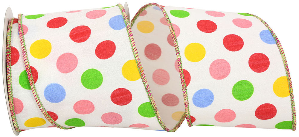 Primary 4 Inch Giant Multi Dots Dupioni Deluxe Wired Edge Ribbon for Wreaths & Bows