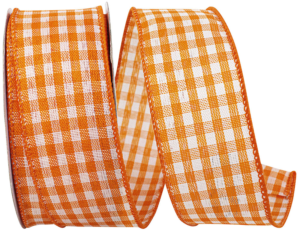 Orange Gingham Check Wired Edge Ribbon 1-1/2 Inch 10 Yards