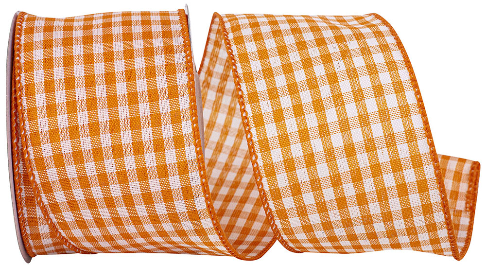 Orange Gingham Check Wired Edge Ribbon 2-1/2 Inch