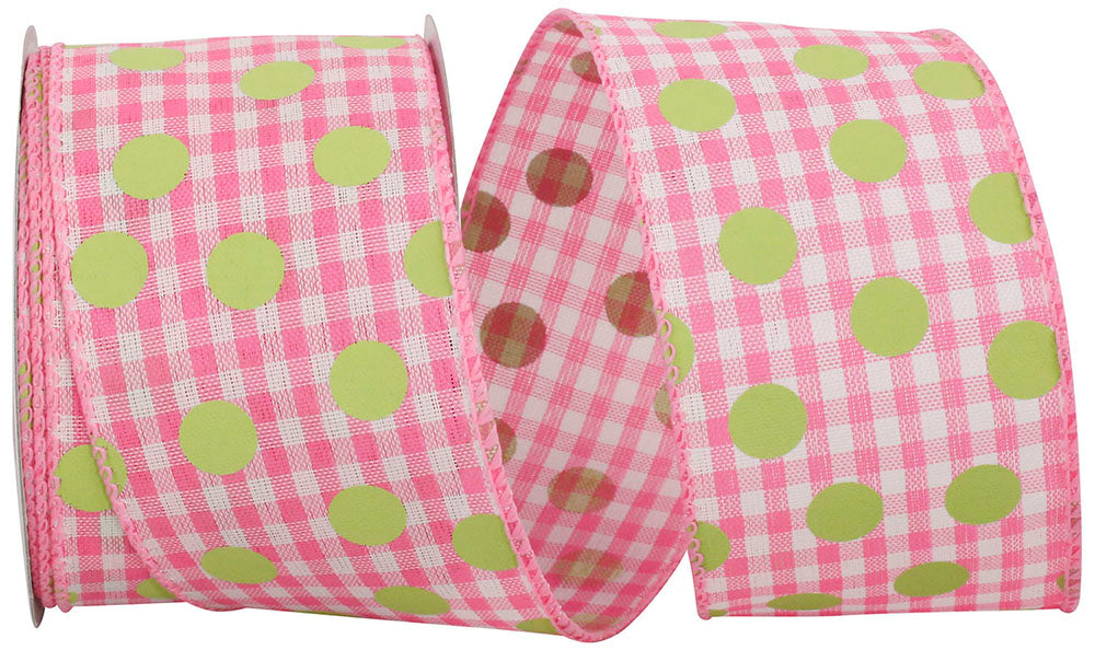 Wired Edge Ribbon Pink Lime Gingham Check Dots 2-1/2 Inch