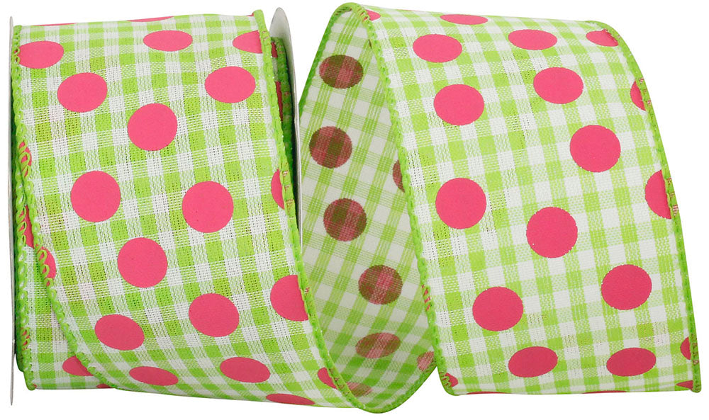 Gingham Check Dots Wired Edge Ribbon Lime Fuchsia 2-1/2 Inch