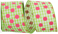 Gingham Check Dots Wired Edge Ribbon Lime Fuchsia 2-1/2 Inch
