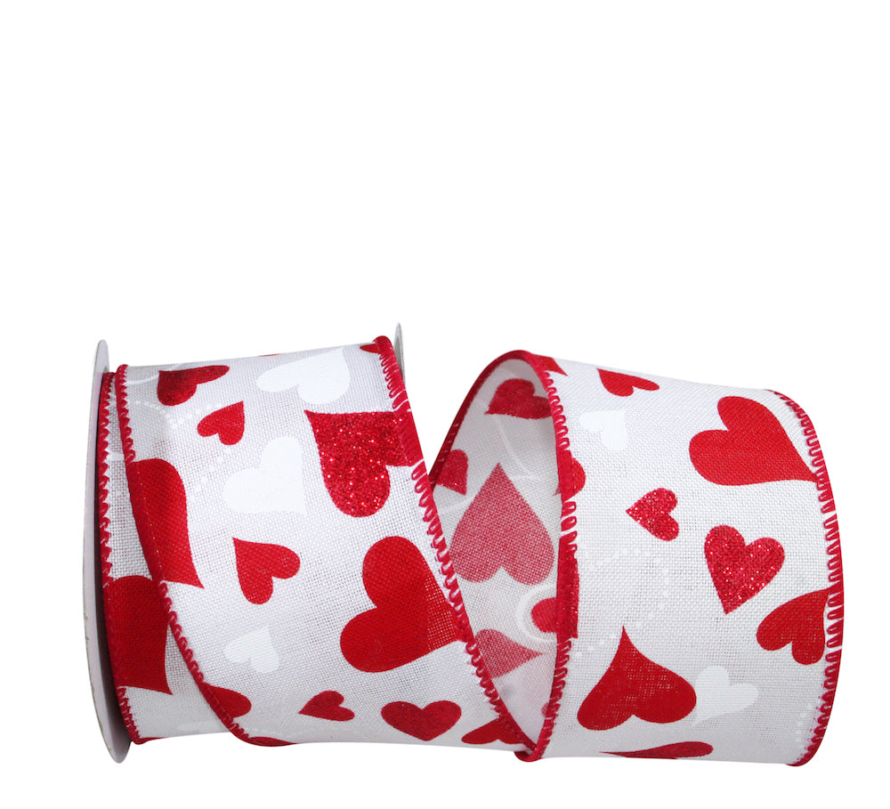 Heart Glitter Tales Linen Wired Edge Ribbon White Red 2-1/2 Inch