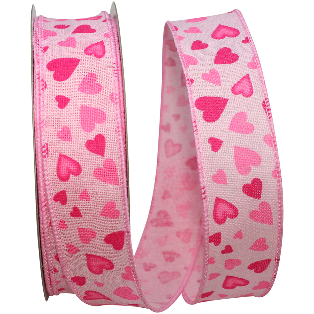 Pink 1-1 2 Inch Hearts Hopsack Tossed Wired Edge Ribbon for Wreaths & Bows