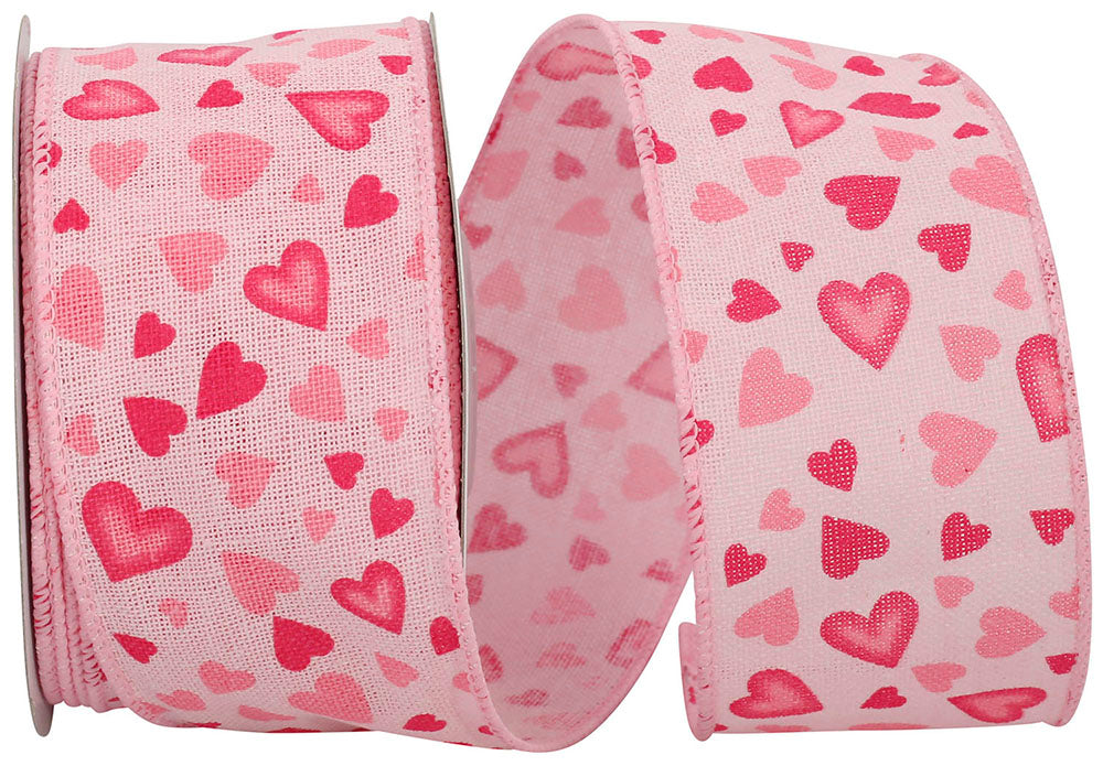 Pink 2-1 2 Inch Hearts Hopsack Tossed Wired Edge Ribbon for Wreaths & Bows