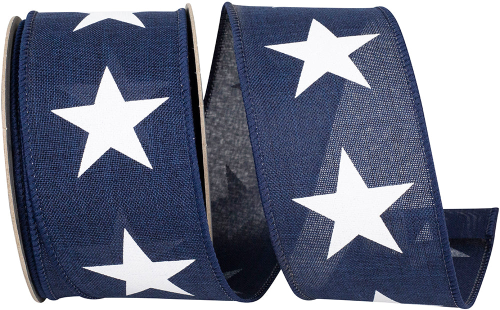 Navy 2-1 2 Inch Large Star Line Linen Wired Edge Ribbon for Wreaths & Bows