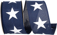 Navy 2-1 2 Inch Large Star Line Linen Wired Edge Ribbon for Wreaths & Bows