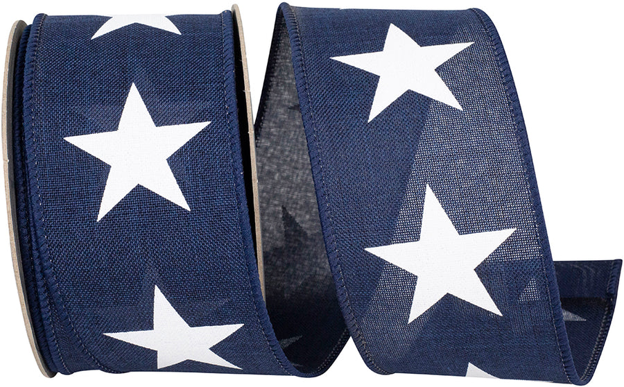 Navy 2-1 2 Inch Large Star Line Linen Wired Edge Ribbon for Wreaths & Bows