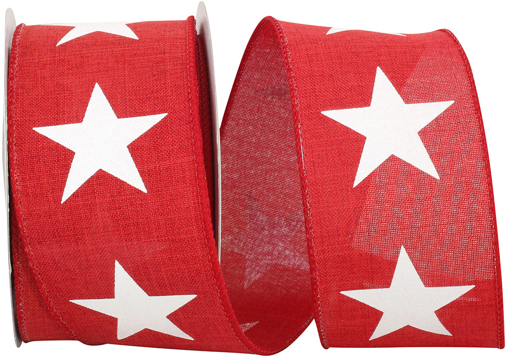 Red White 2-1 2 Inch Large Star Line Linen Wired Edge Ribbon for Wreaths & Bows