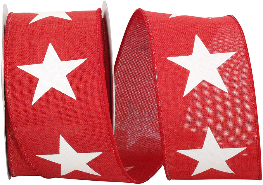 Red White 2-1 2 Inch Large Star Line Linen Wired Edge Ribbon for Wreaths & Bows