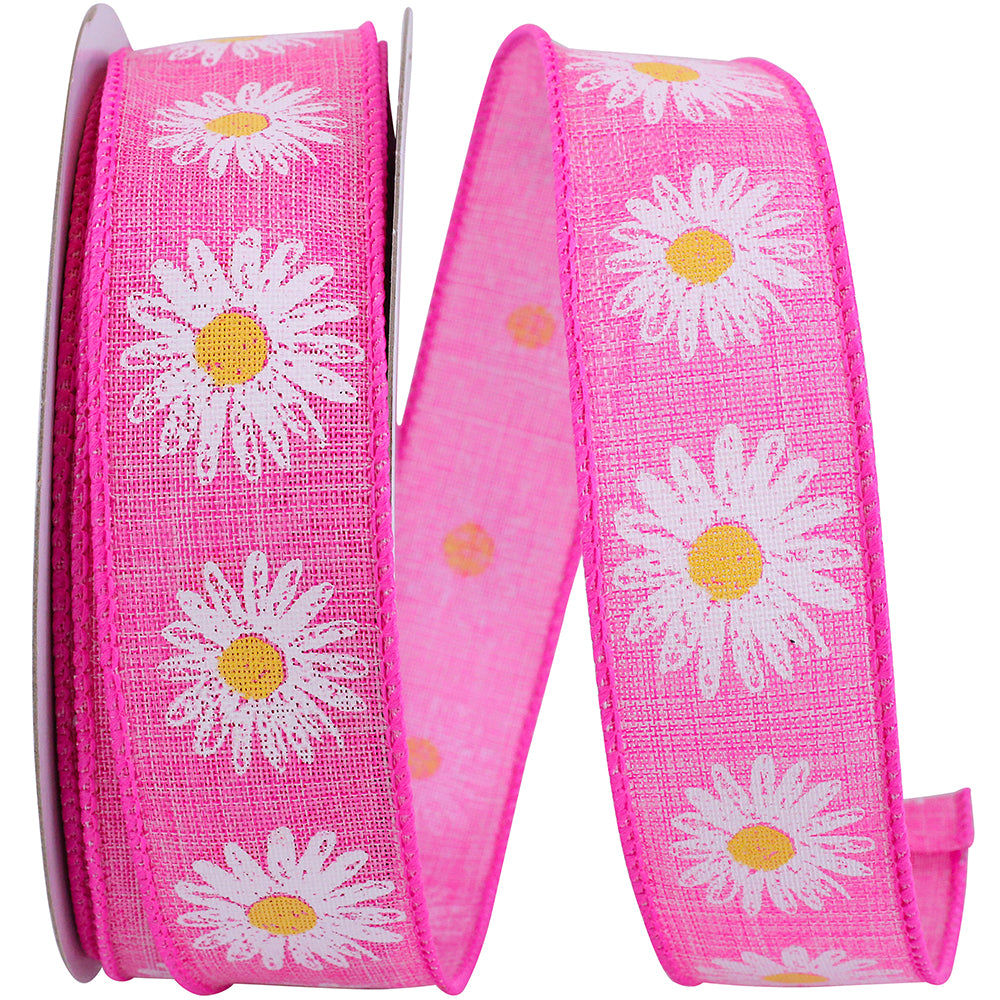Pink 1-1 2 Inch Linen Flower Row Wired Edge Ribbon for Wreaths & Bows