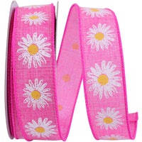 Pink 1-1 2 Inch Linen Flower Row Wired Edge Ribbon for Wreaths & Bows