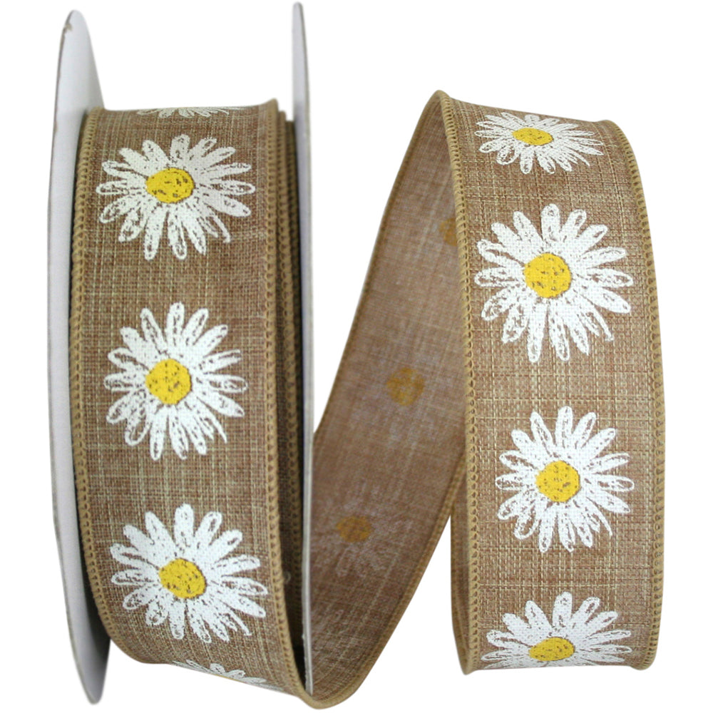 Natural 1-1 2 Inch Linen Flower Row Wired Edge Ribbon for Wreaths & Bows