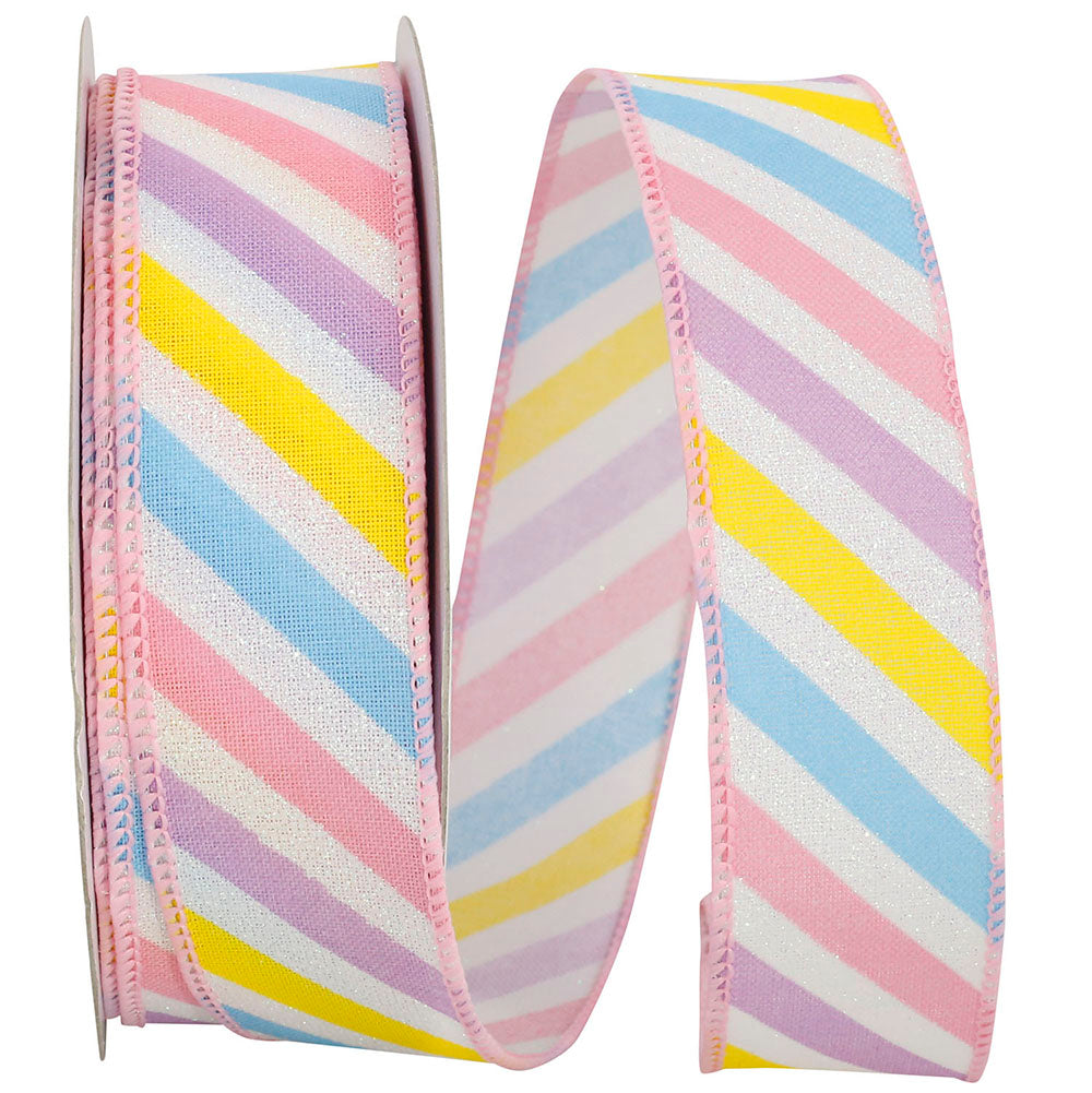 Pastel 1-1 2 Inch Pastel Stripe Diagonal Wired Edge Ribbon for Wreaths & Bows