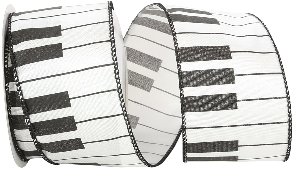 White Black 2-1 2 Inch Piano Keys Wired Edge Ribbon for Wreaths & Bows