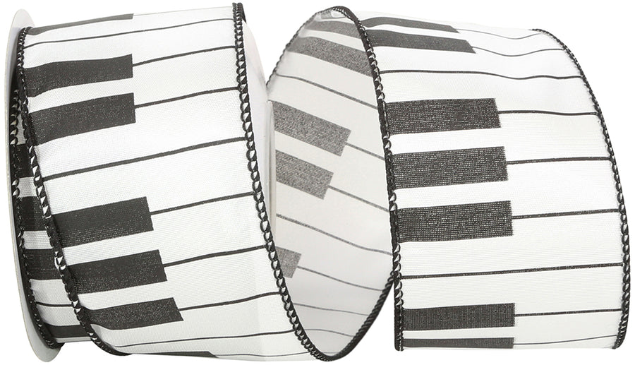 White Black 2-1 2 Inch Piano Keys Wired Edge Ribbon for Wreaths & Bows