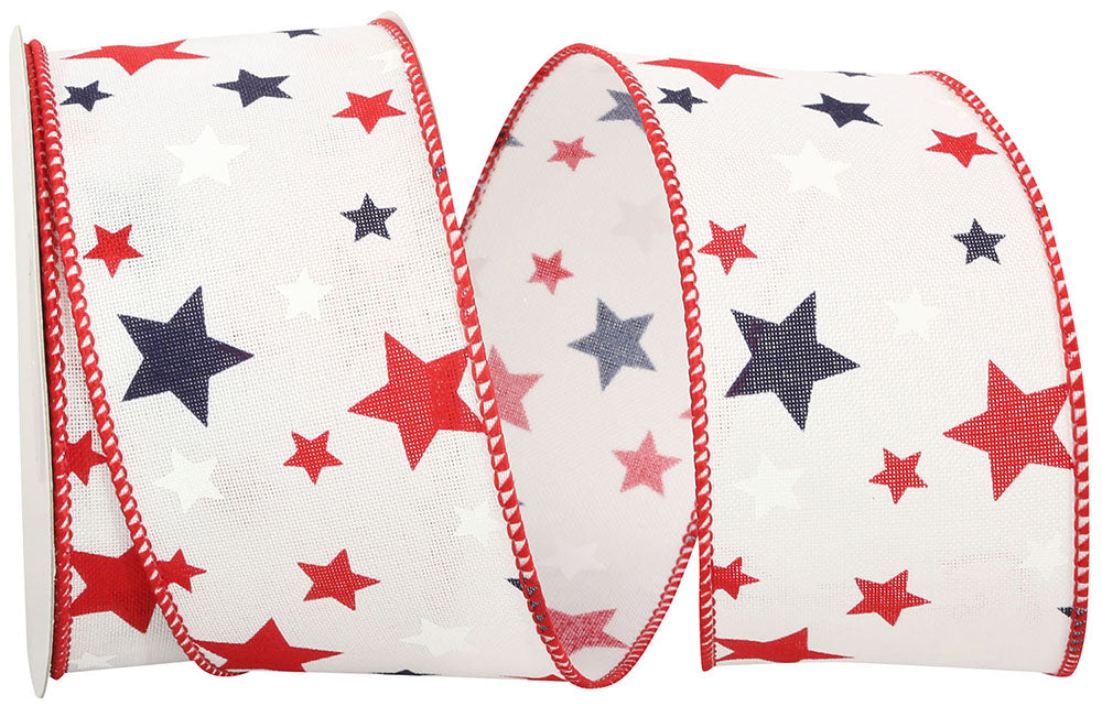 Red White Blue 2-1 2 Inch Stars America Linen Wired Edge Ribbon for Wreaths & Bows