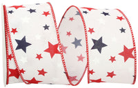 Red White Blue 2-1 2 Inch Stars America Linen Wired Edge Ribbon for Wreaths & Bows