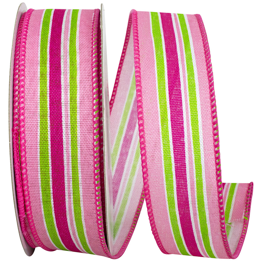Pink 1-1 2 Inch Stripe Bright Linen Lines Wired Edge Ribbon for Wreaths & Bows
