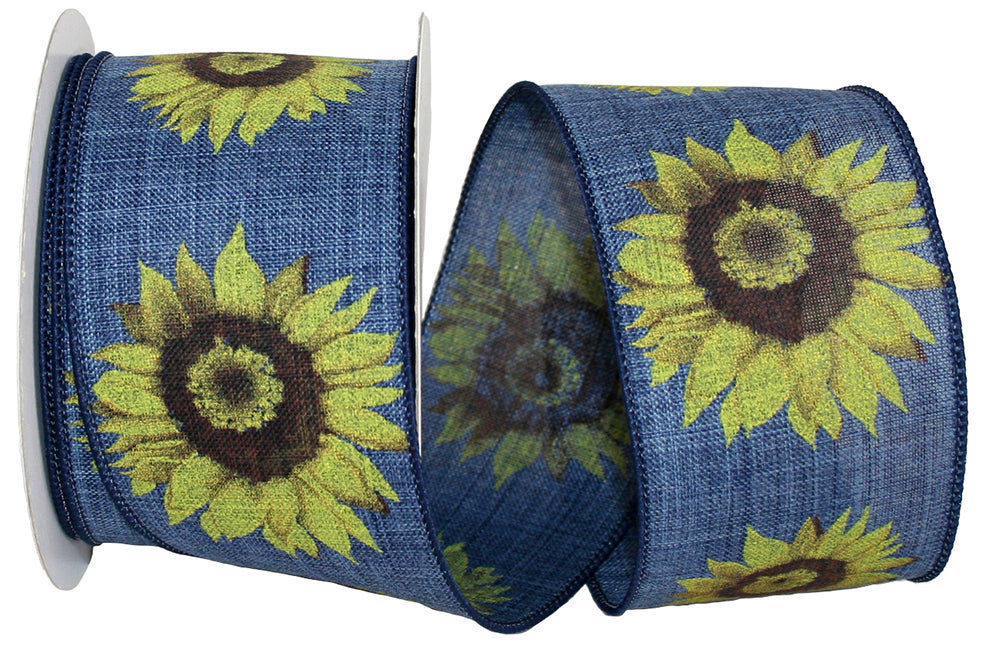 Sunflower Linen Wired Edge Ribbon Denim Yellow 2-1/2 Inch