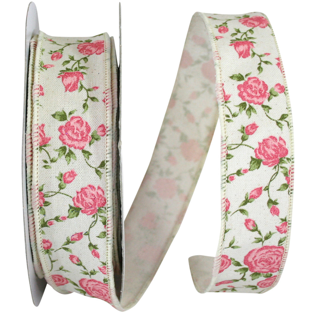 Ivory 1-1 2 Inch Victorian Rose Hopsack Wired Edge Ribbon for Wreaths & Bows