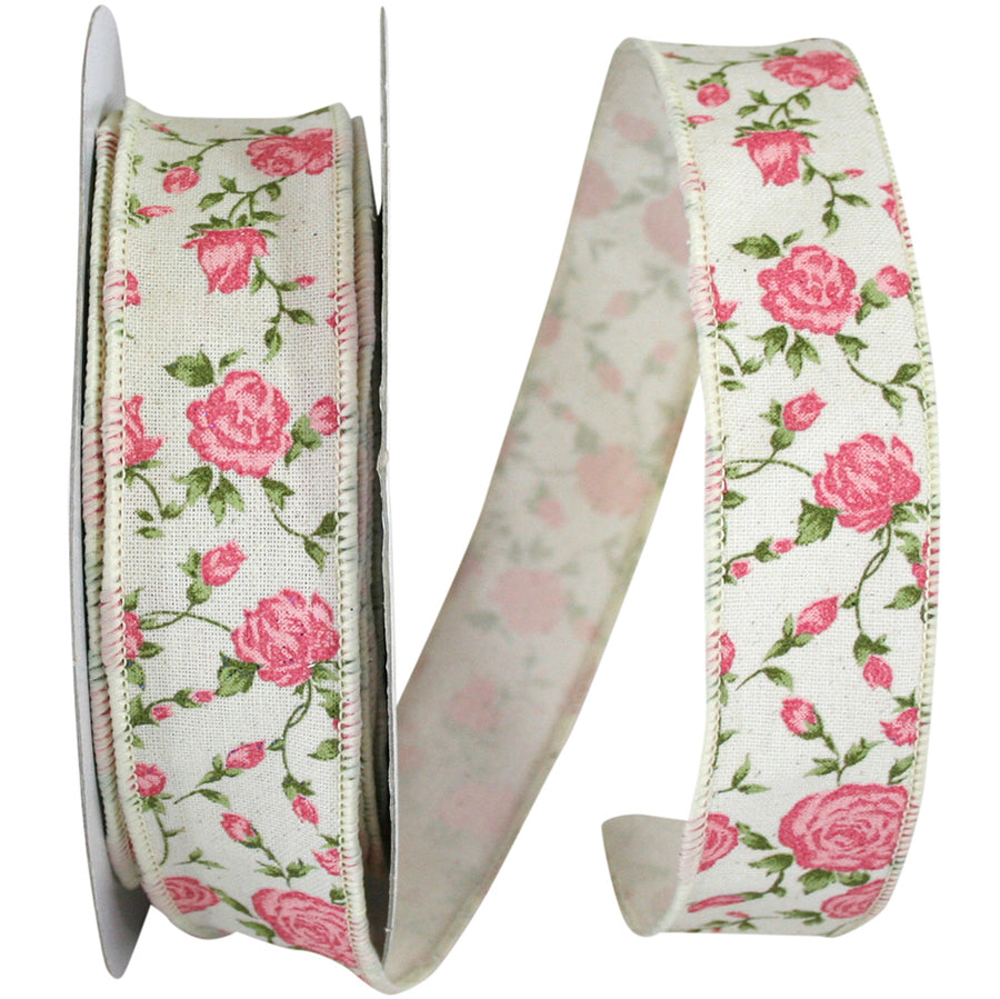 Ivory 1-1 2 Inch Victorian Rose Hopsack Wired Edge Ribbon for Wreaths & Bows