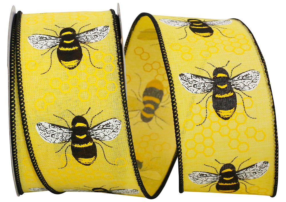 Yellow 2-1 2 Inch Honeybee Linen Wired Edge Ribbon Rd for Wreaths & Bows