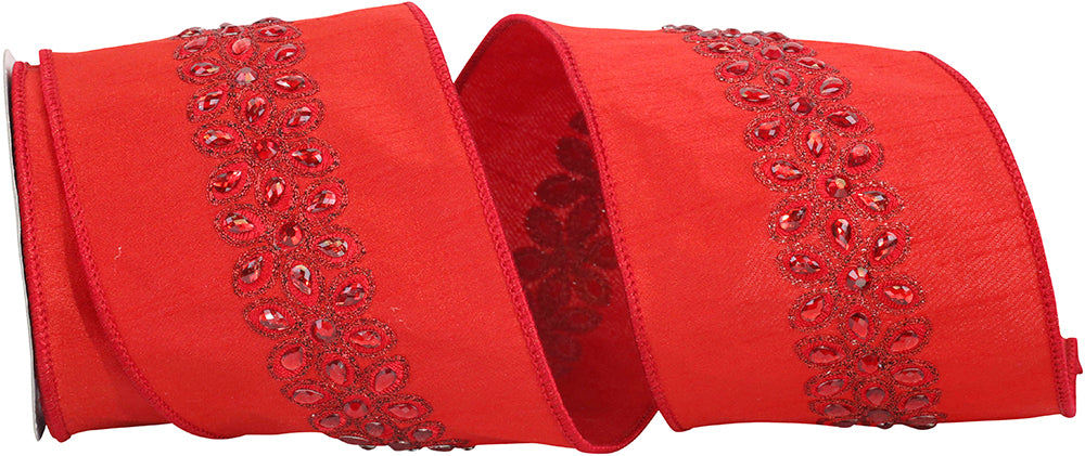 Red 4 Inch Dupioni Beaded Embroidery Wired Edge Ribbon for Wreaths & Bows