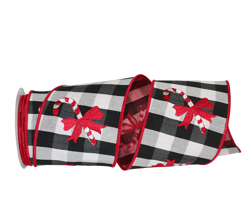 Multi 4 Inch Candy Cane Dupioni Check Embroidery Wired Edge Ribbon for Wreaths & Bows