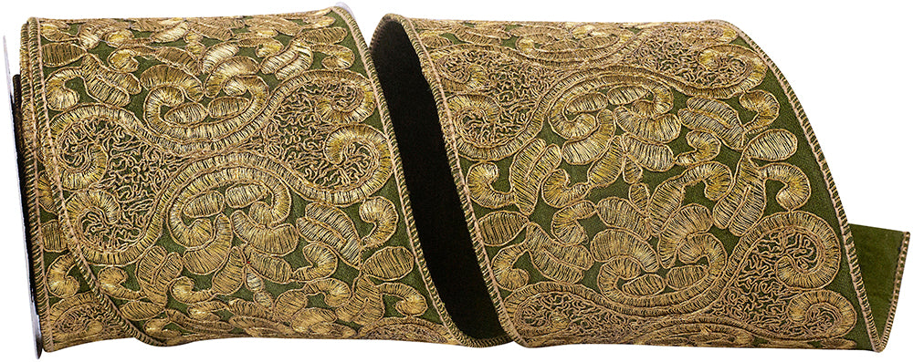 Green Gold 4 Inch Antique Embroidery Filigree Wired Edge Ribbon for Wreaths & Bows