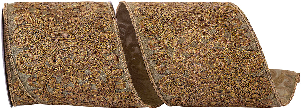 Old 4 Inch Antique Embroidery Filigree Wired Edge Ribbon for Wreaths & Bows