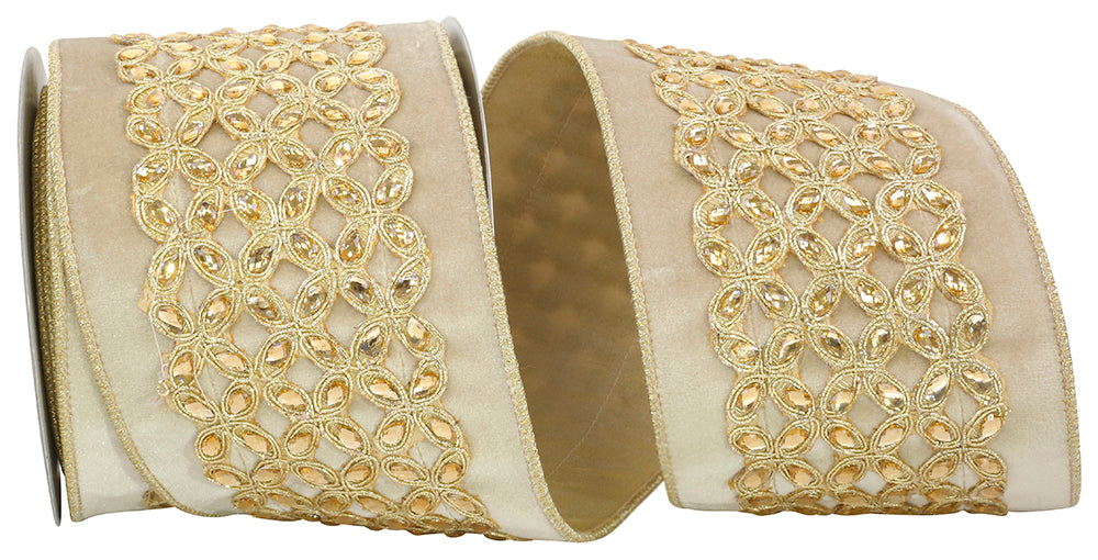 Camel 4 Inch Beaded Plush Velvet Ribbon for Wreaths and Bows