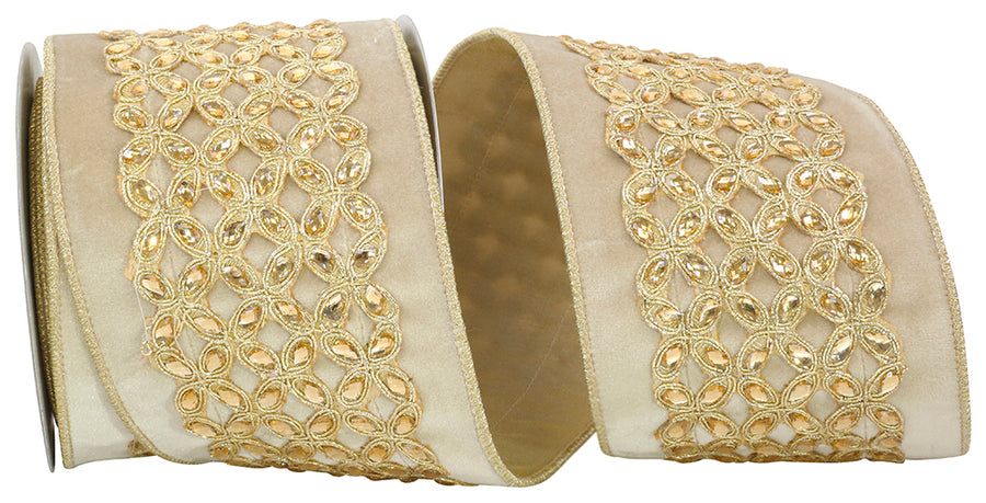 Camel 4 Inch Beaded Plush Velvet Ribbon for Wreaths and Bows