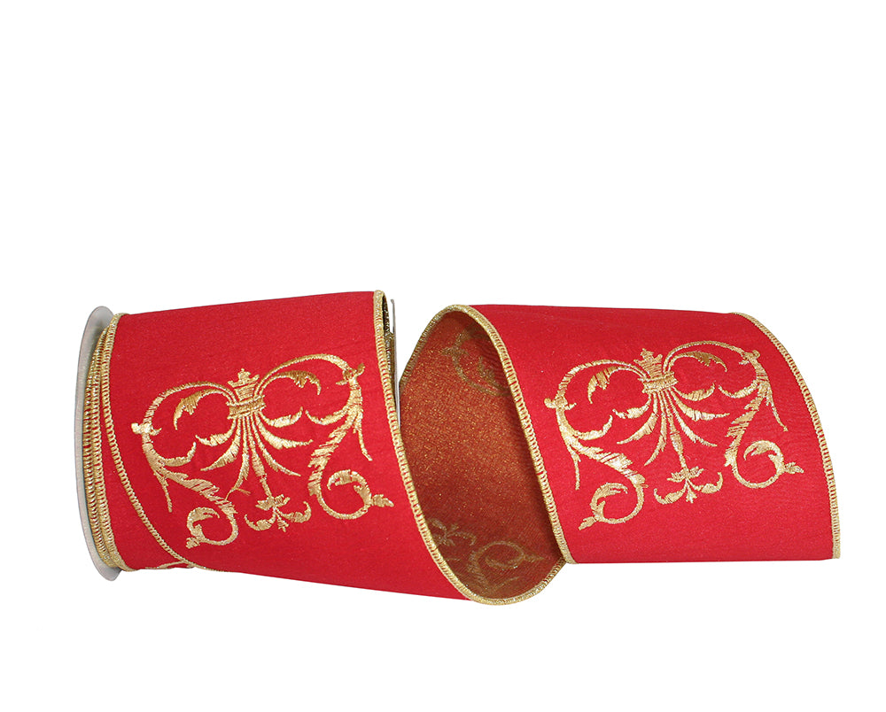 Red Gold 4 Inch Filigree Dupioni Crest Wired Edge Ribbon for Wreaths & Bows