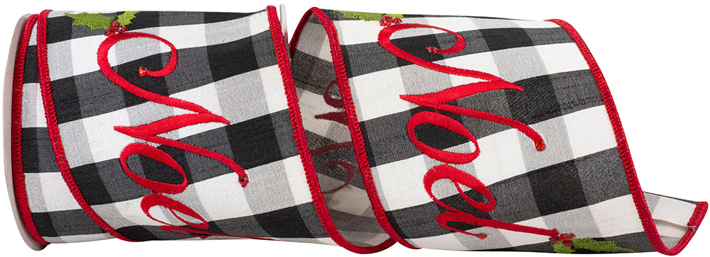 Multi 4 Inch Noel Dupioni Check Embroidery Wired Edge Ribbon for Wreaths & Bows