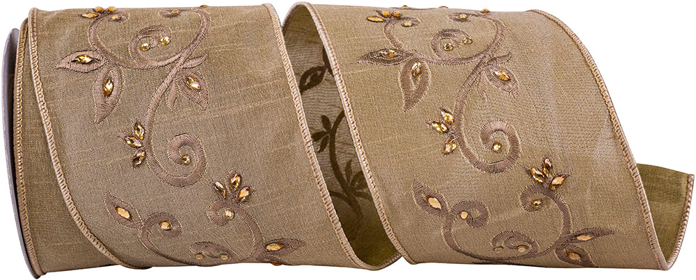 Sand 4 Inch Vines Scroll Jewel Dupioni Embroidery Wired Edge Ribbon for Wreaths & Bows