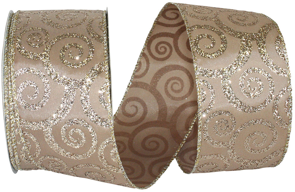 Champagne Swirl Glitter Taffeta Wired Edge Ribbon 2-1/2 Inch