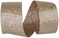 Champagne Swirl Glitter Taffeta Wired Edge Ribbon 2-1/2 Inch