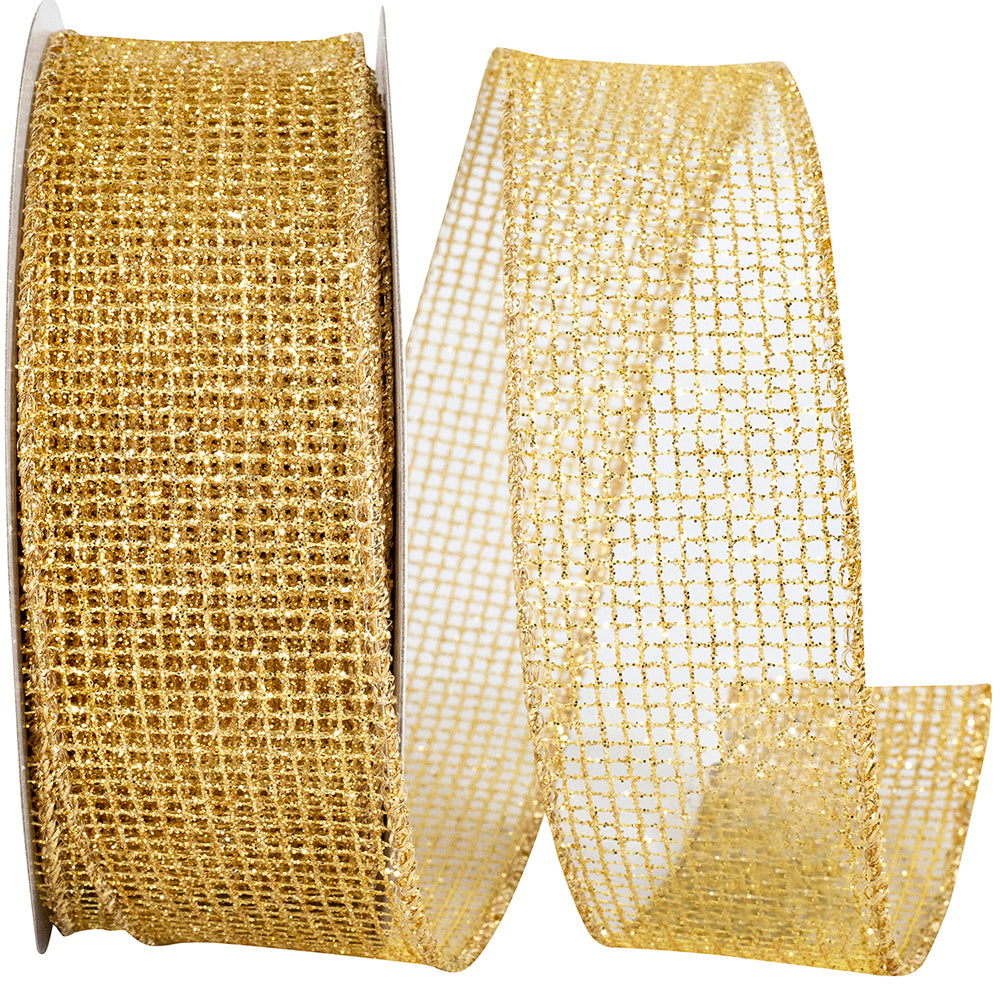 Gold Micro Mesh Glitter Metallic Wired Edge Ribbon 1-1/2 Inch