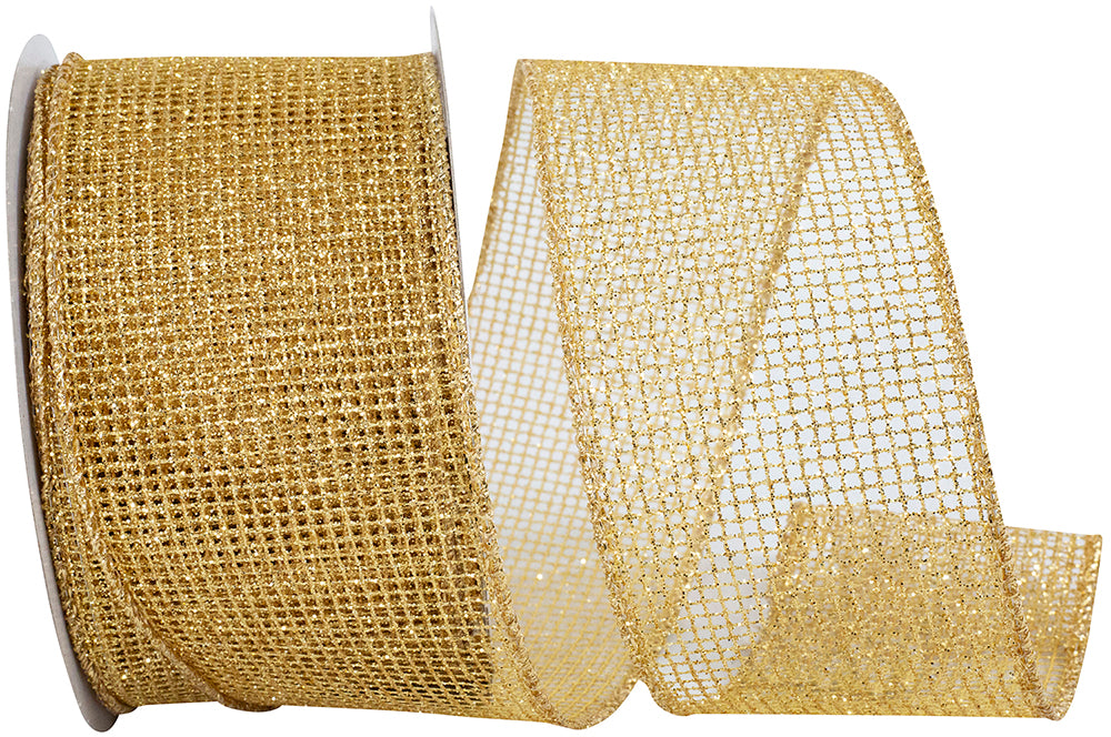 Gold Micro Mesh Glitter Metallic Wired Edge Ribbon 2-1/2 Inch