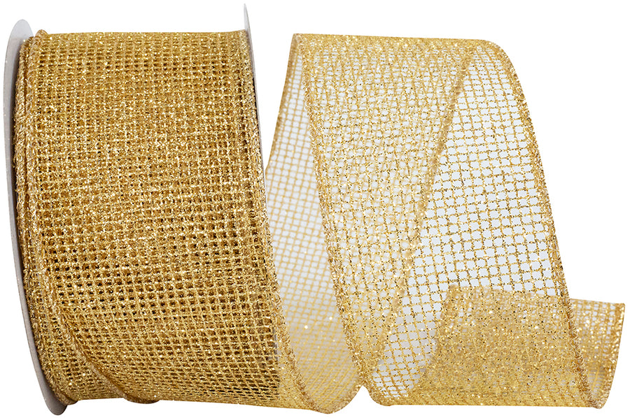 Gold Micro Mesh Glitter Metallic Wired Edge Ribbon 2-1/2 Inch