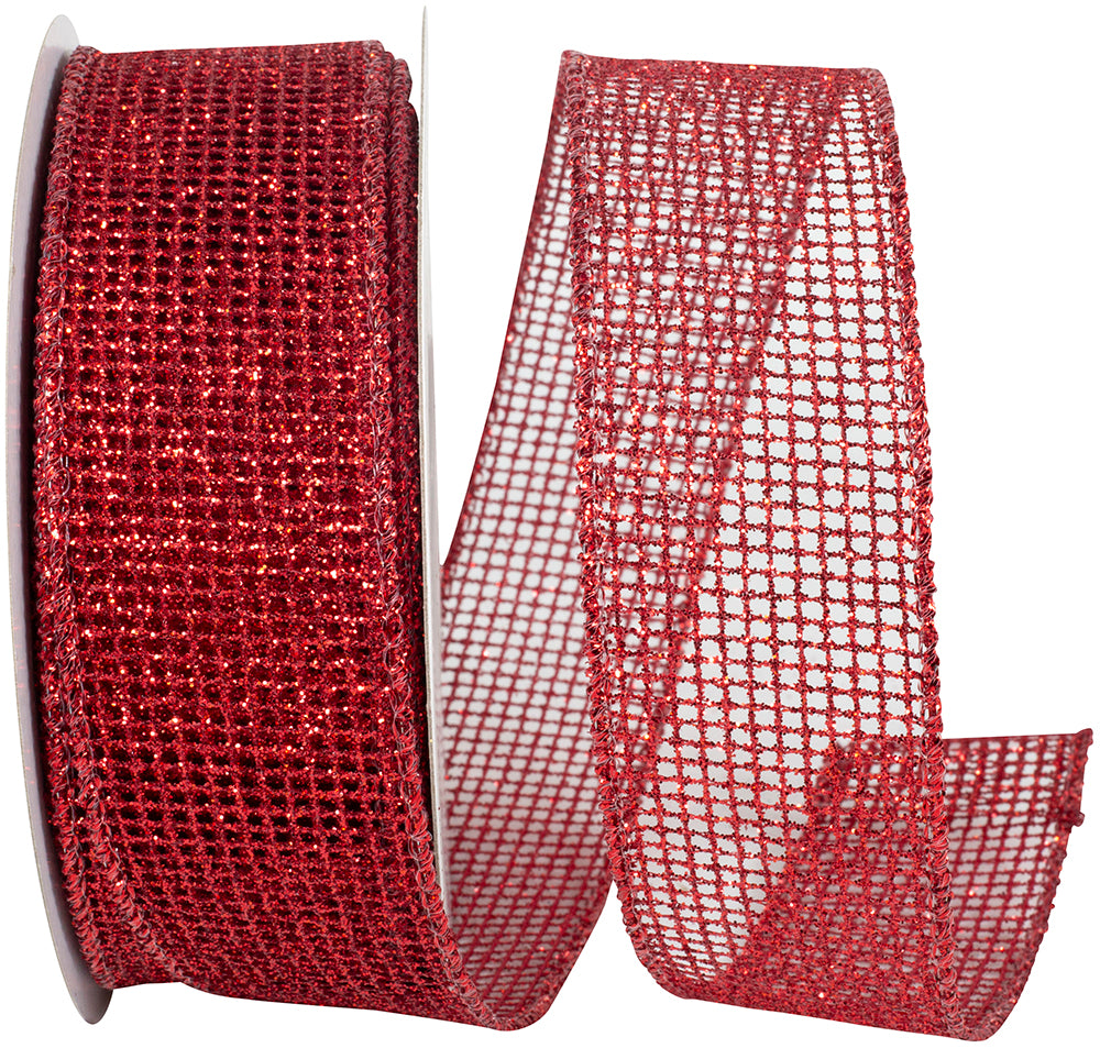 Red Micro Mesh Glitter Metallic Wired Edge Ribbon 1-1/2 Inch