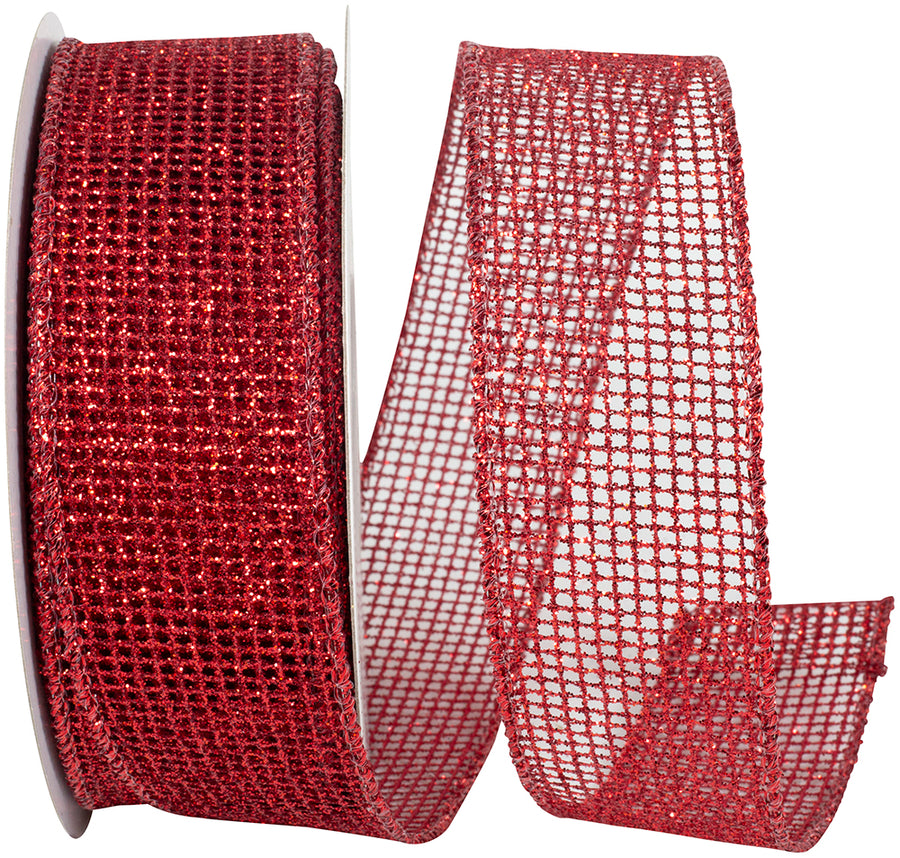 Red Micro Mesh Glitter Metallic Wired Edge Ribbon 1-1/2 Inch